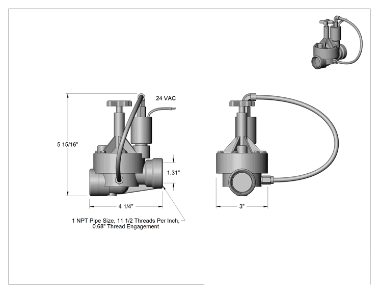 Teknik Çizim - Akış Ayarlı Solenoid Açma/Kapama Vanası, Normalde Açık, 24V AC, 1 NPT Dişi