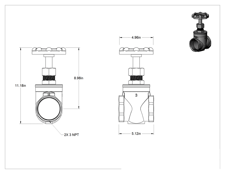 Teknik Çizim - 316 Paslanmaz Çelik Gövde ve Sürgülü Kademeli Açma/Kapama Vanası, Tekerlek Kolu ve Yükselmeyen Mil, 3 NPT Dişi