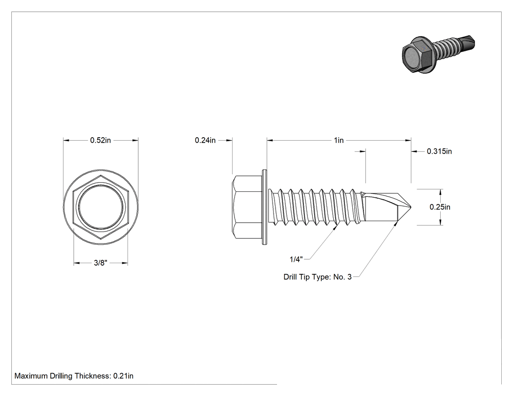 Teknik Çizim - Paslanma ve Aşınmaya Dayanıklı Alaşımlı Çelik Delme Vidaları, Flanşlı, Altıköşe Başlık, 1/4" Boyut, 1" Uzunluk