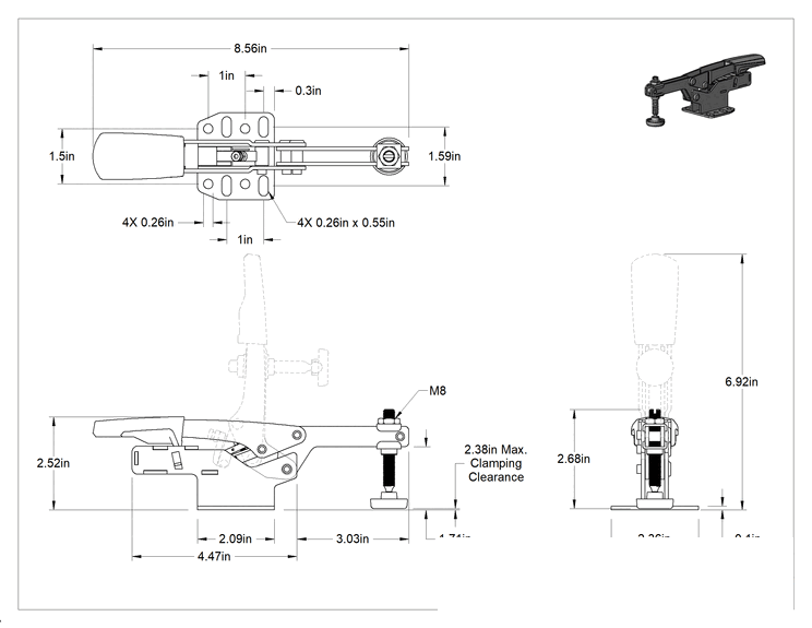 Teknik Çizim - Otomatik Ayarlı Sabitleme Mandalı, 700 lbs. Tutma Kapasitesi, 2-3/8" Maksimum Sıkıştırma Boşluğu