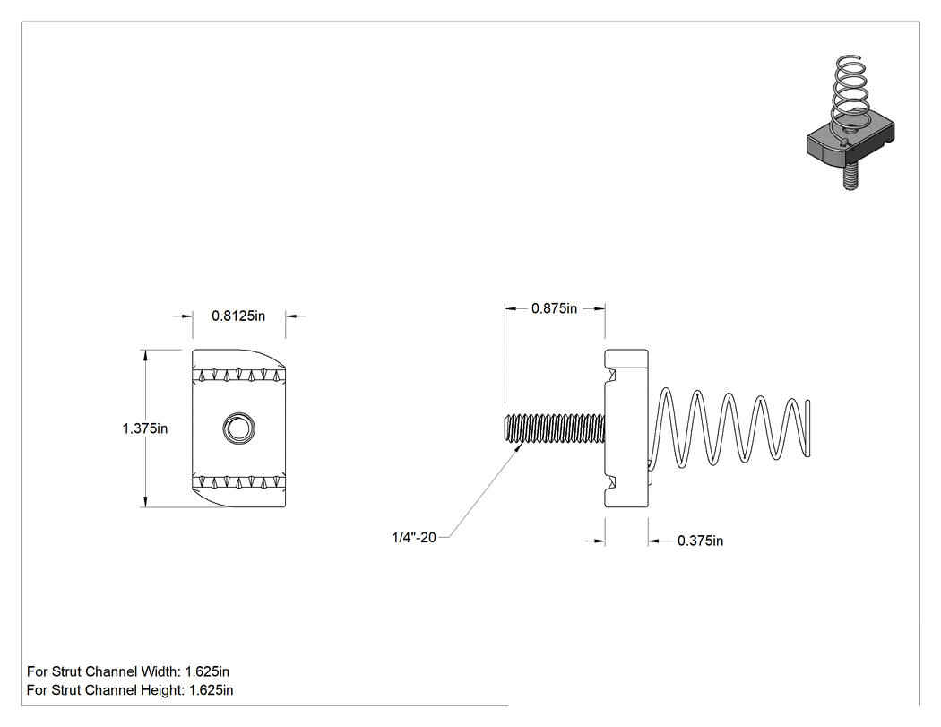 Teknik Çizim - Saplamalı Strut Kanal Somunu, 1-5/8" Kanal Yüksekliği için, 304 Paslanmaz Çelik, 1/4"-20, 7/8" Diş Uzunluğu