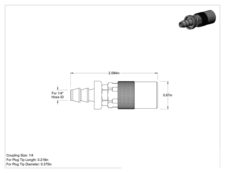 Teknik Çizim - Soğutucu için Pirinç Hızlı Ayrılabilir Hortum Bağlantısı, 1/4 Boyutlu Kapama Valfli Soket, 1/4" Hortum İç Çapı, İtmeli Çıkıntı