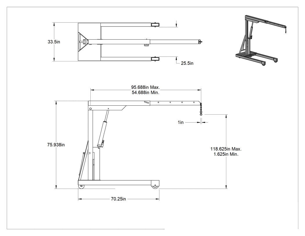 Teknik Çizim - Hidrolik Vinç, 54"-95" Kol Uzunluğu, 1 Ton/2000 lbs. Geri Çekilmiş Kol Kapasitesi