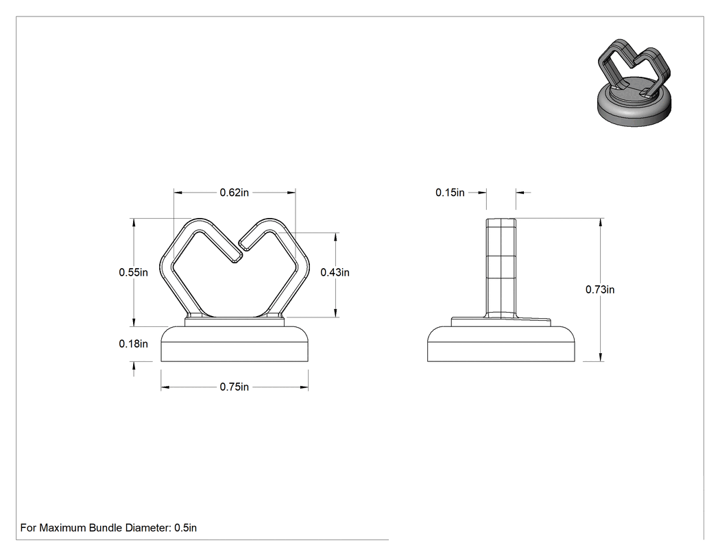 Teknik Çizim - Mıknatıslı Montajlı Kablo Tutucu, 1/2" Maksimum Demet Çapı için, 1/2" Toplam Uzunluk