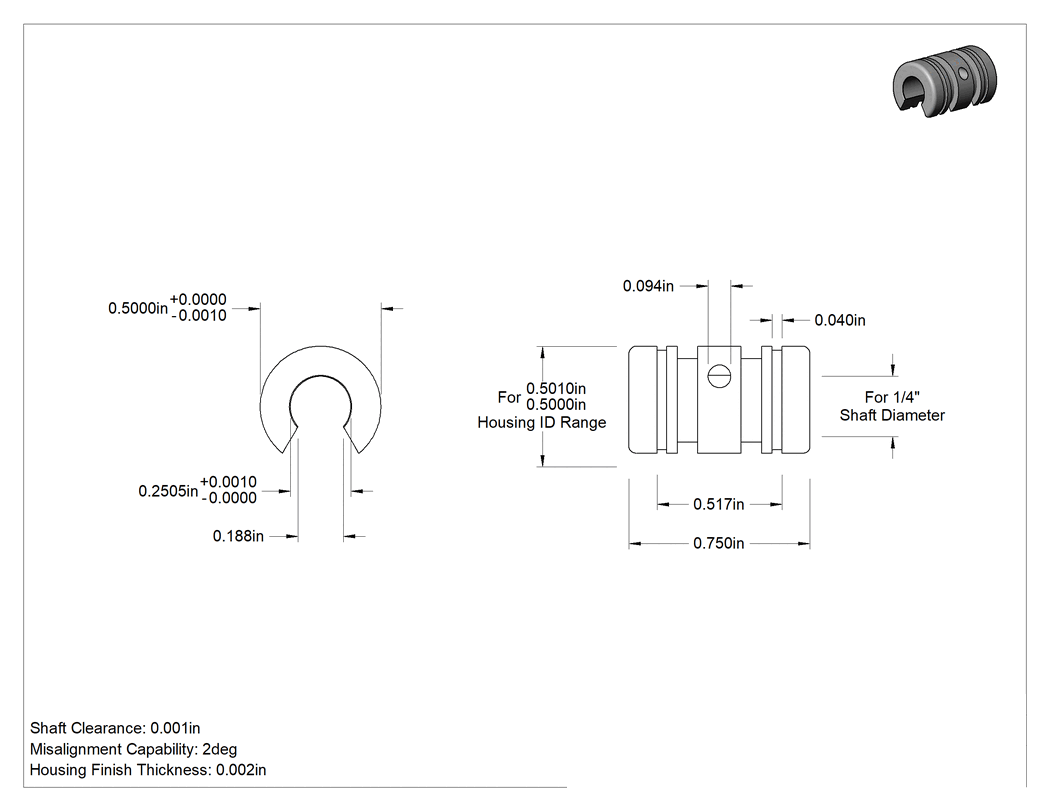 Teknik Çizim - Kendinden Hizalamalı Manşonlu Lineer Rulman, 1/4" Çaplı Destek Rayı Milleri için