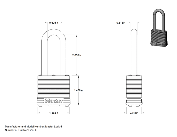Teknik Çizim - Lamine Pirinç Gövdeli Hava Koşullarına Dayanıklı Asma Kilit, Master Lock 4 Ekstra Boşluklu Eş Anahtarlı