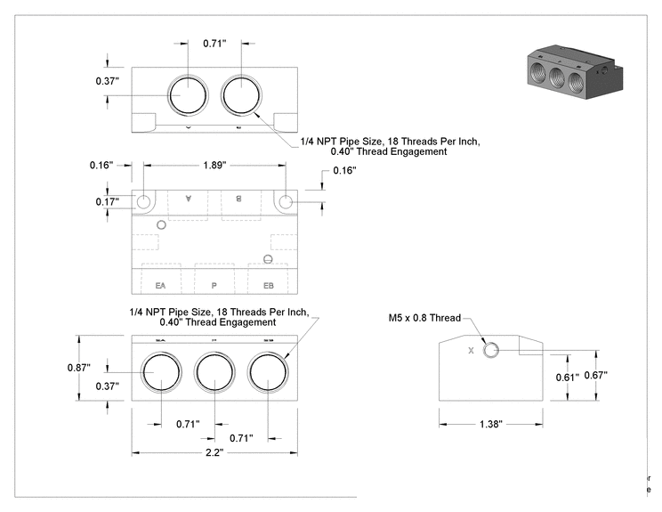 Teknik Çizim - Modüler Hava Yönlü 4 Yollu Kontrol Vanası için 5 Portlu 1/4 NPT Tek İstasyon Tabanı