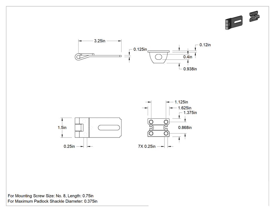 Teknik Çizim - Asma Kilitli Mandal, 3-1/4" x 1-1/2" x 1/8" Kollu, Çinko Kaplı Çelik