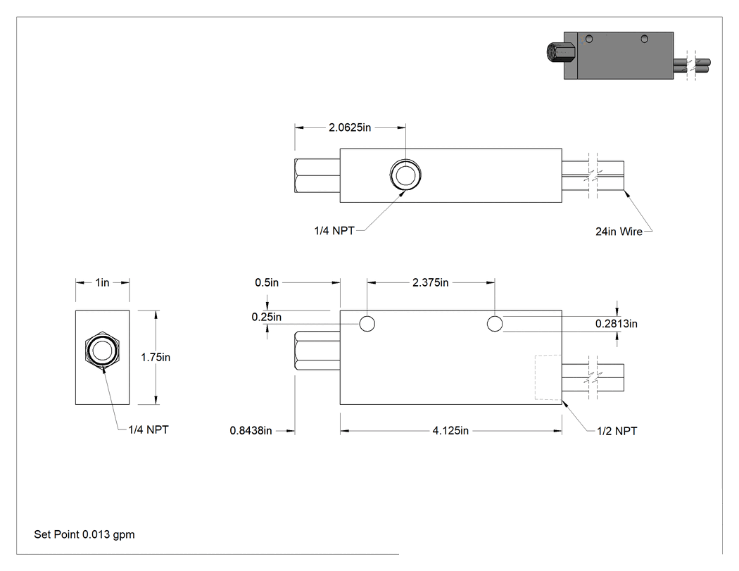 Teknik Çizim - Sabit Ayarlı Yüksek Basınçlı Akış Anahtarı, Dirsek, 1/4 NPT Dişi, Pirinç Gövde, 0.013 gpm Ayar Noktası