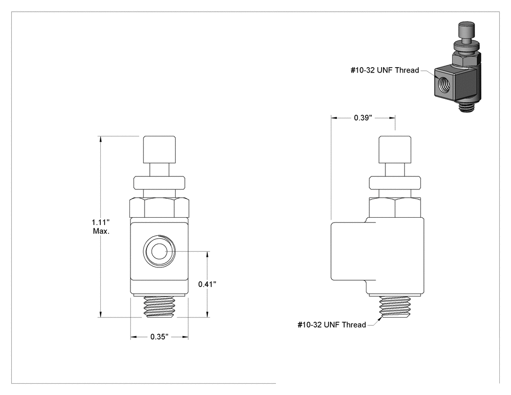 Teknik Çizim - Dirsek Hava Akış Kontrol Vanası, Çinko, 10-32 UNF Dişi Giriş x 10-32 UNF Erkek Çıkış