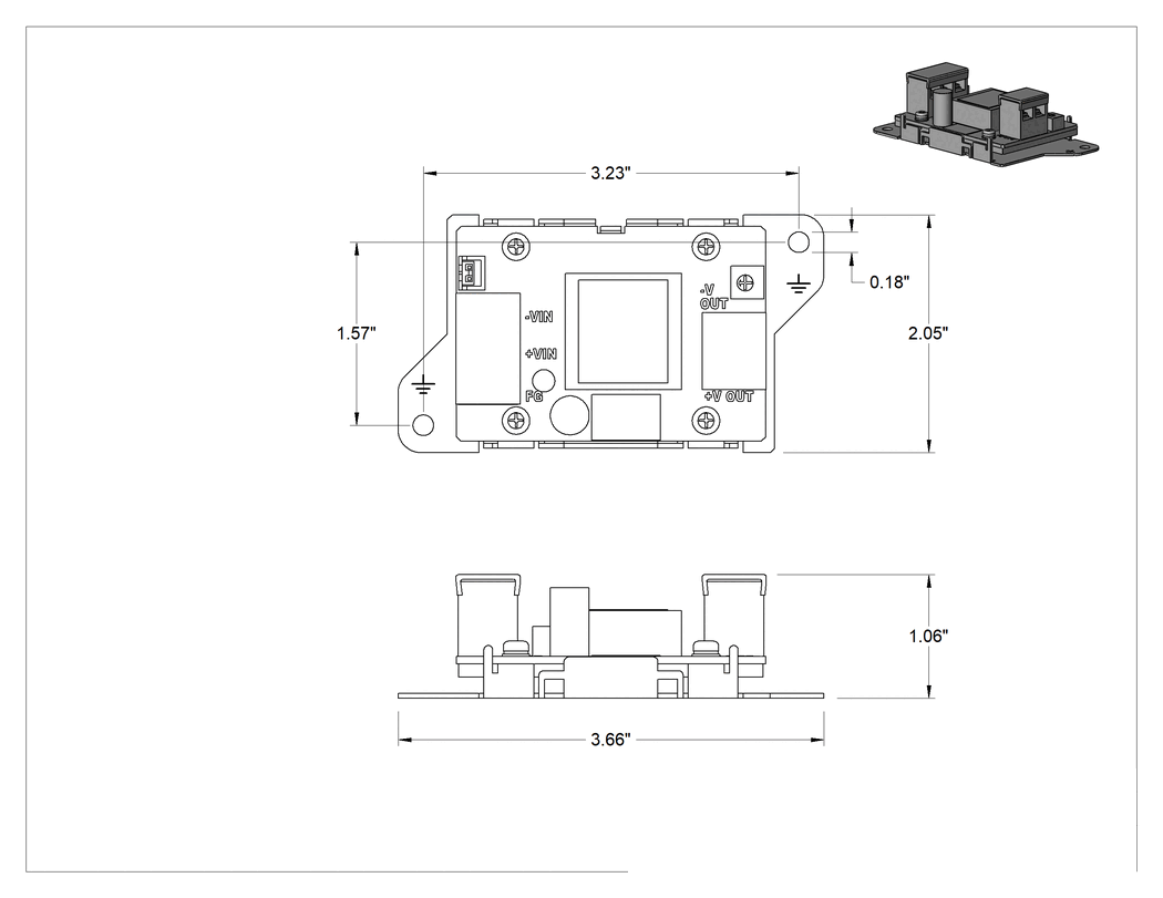 Teknik Çizim - DC - DC Güç Dönüştürücü, 9-36 V DC Giriş, 3.3 V DC Çıkış, 4.0 Amper Çıkış