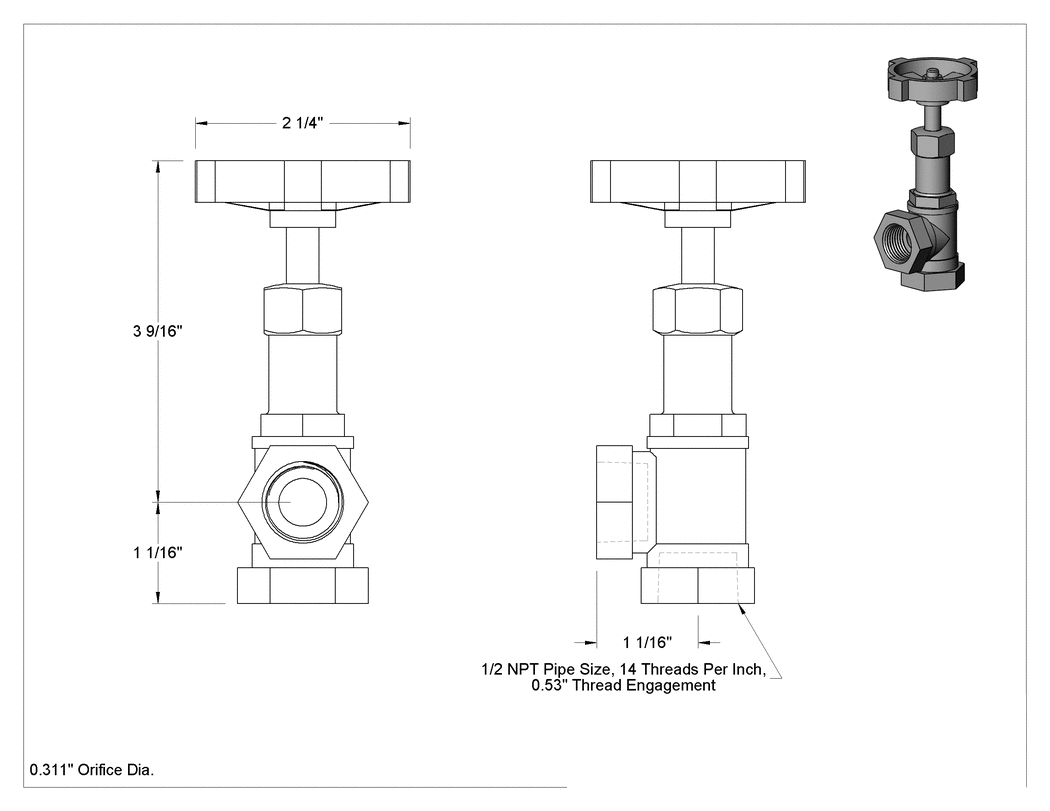 Teknik Çizim - Buhar için Hassas Akış Ayar Valfi, Dirsek, 1/2 NPT Dişi