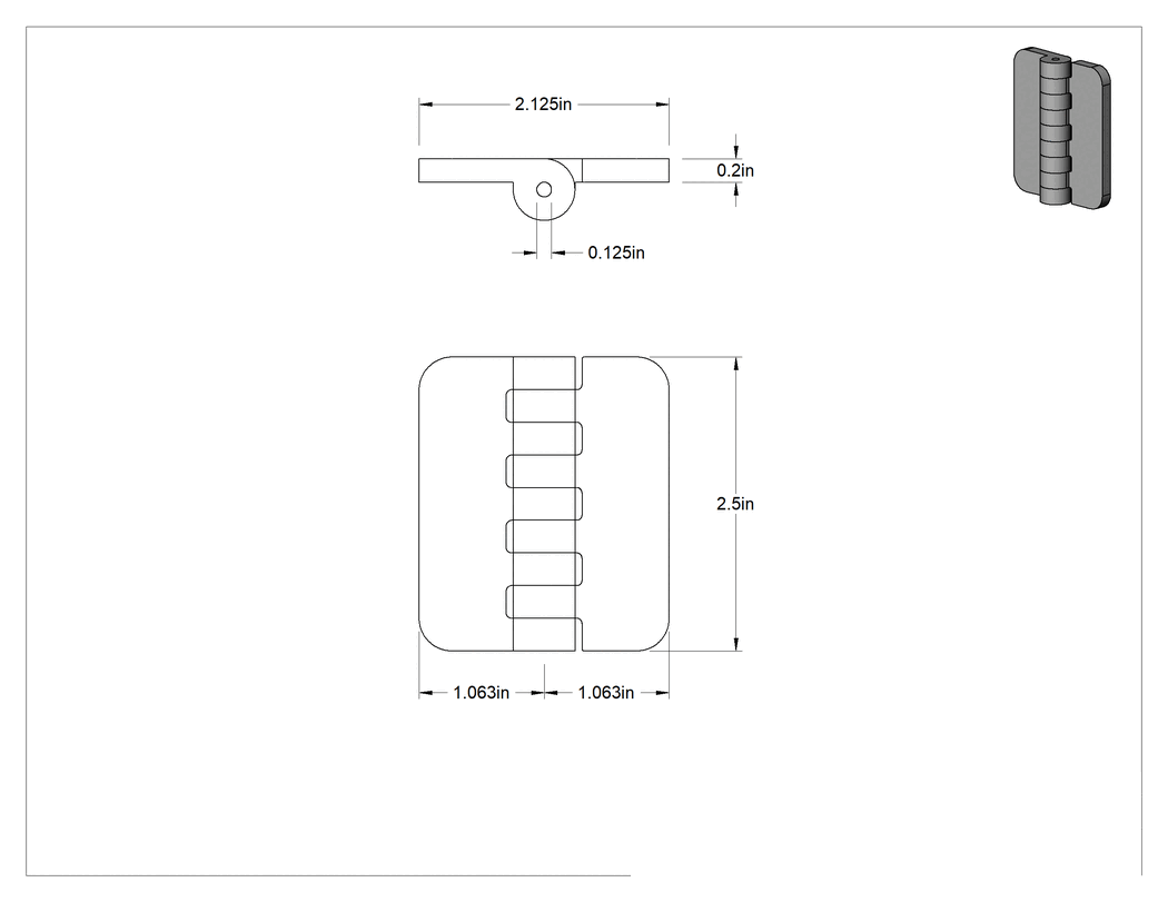 Teknik Çizim - Delikli Olmayan Plastik Menteşeler, Gri ABS Plastik, 2-1/2" x 1-1/16" Kapı Kanadı