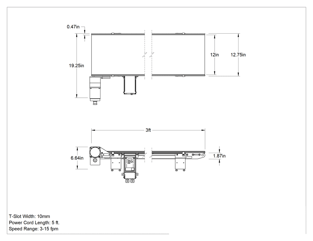 Teknik Çizim - Kullanıma Hazır Mini Bantlı Konveyör, 3 Fit Uzunluk, 12" Kayış Genişliği, 3-15 fpm
