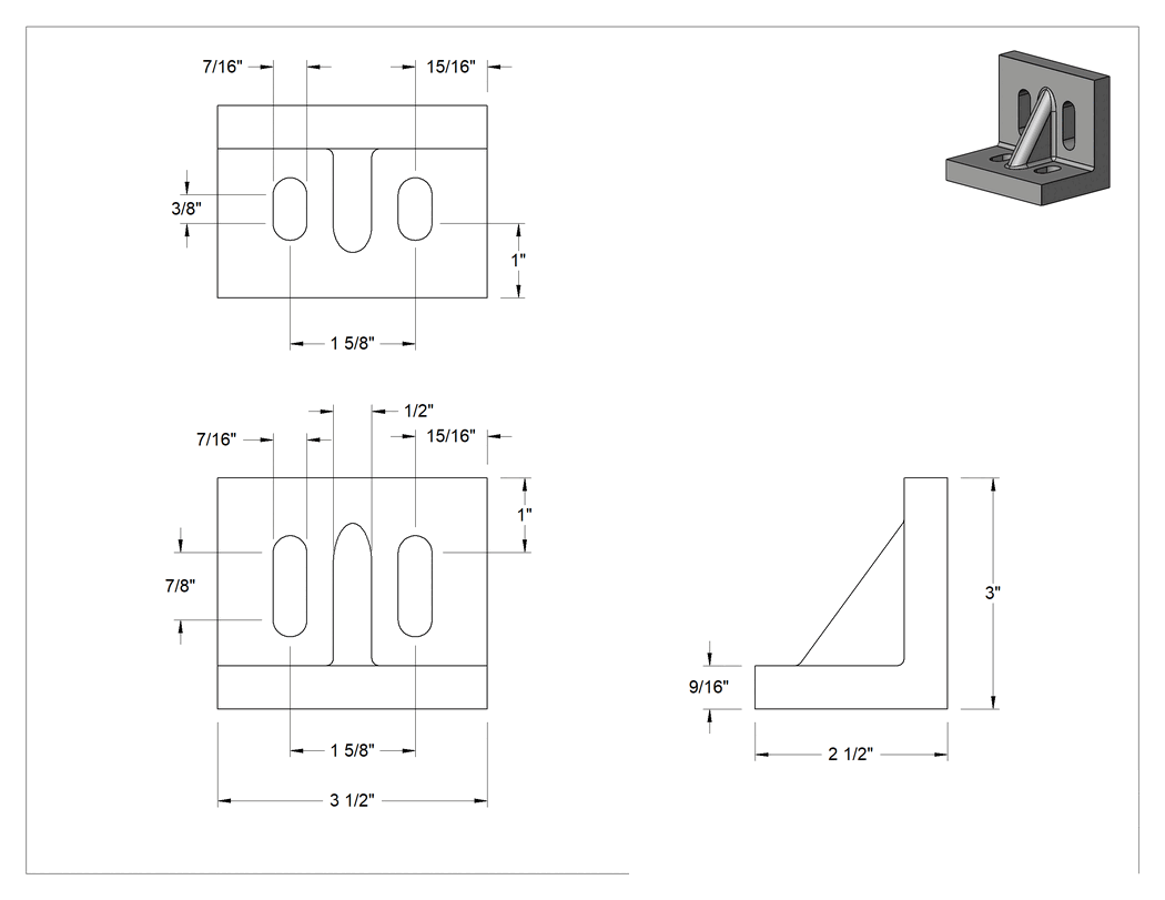Teknik Çizim - Yuvalı Açılı Plaka, 2-1/2" Uzunluk x 3-1/2" Genişlik x 3" Yükseklik
