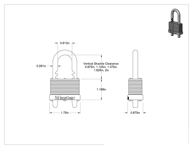 Teknik Çizim - Ayarlanabilir Boşluklu Asma Kilitler, Lamine Çelik Gövde, Master Lock 510