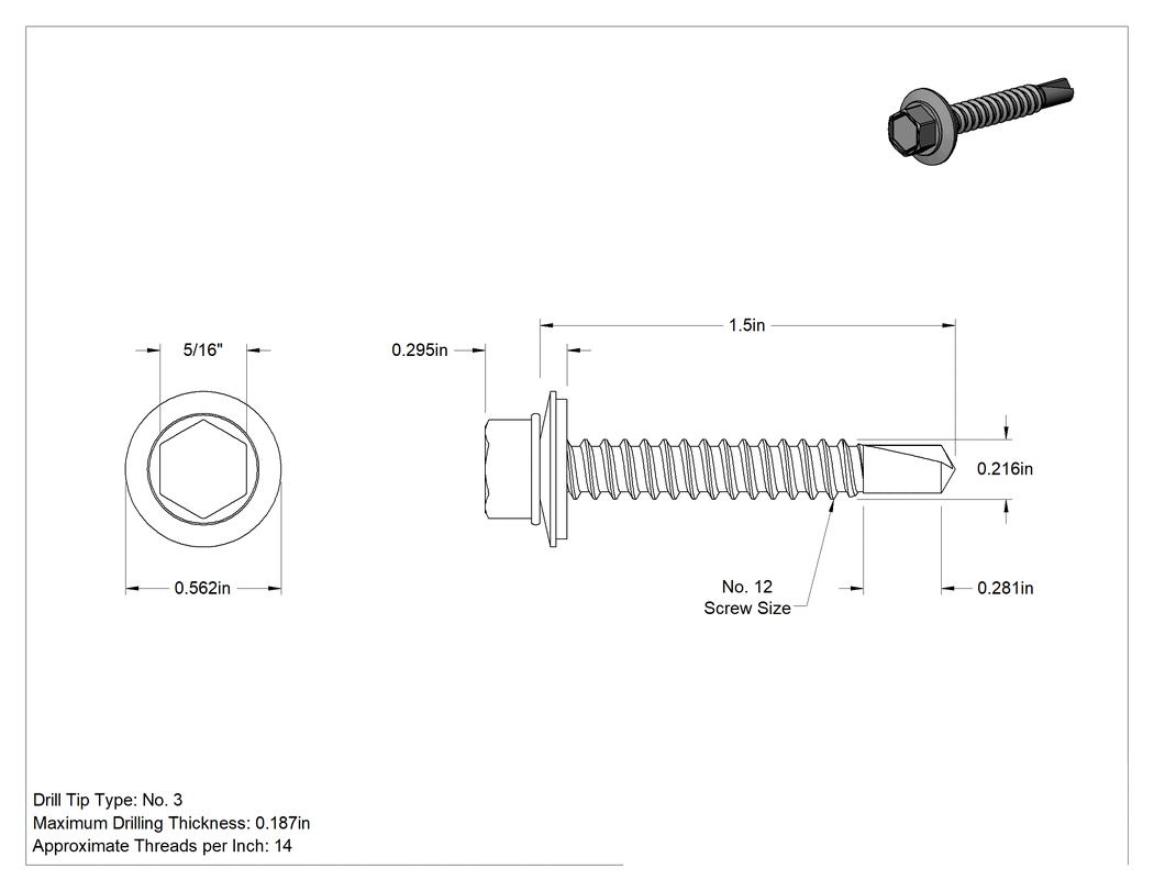 Teknik Çizim - Metal için Pullu Delme Vidaları, Çelik, 12 Numaralı Boyut, 1-1/2" Uzunluk, 3 Numara Matkap Ucu