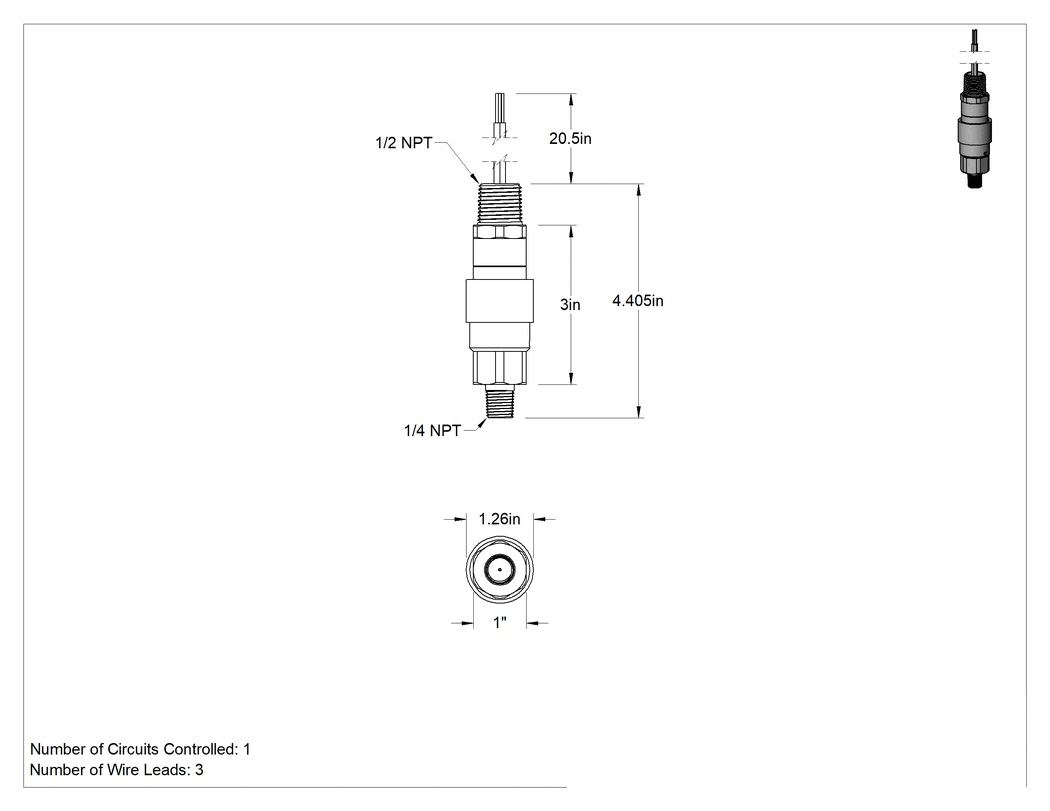 Teknik Çizim - Basınç Şalteri, Kompakt, Tel Uçları, 1/4 NPT, 400-4700 PSI Ayar Noktası