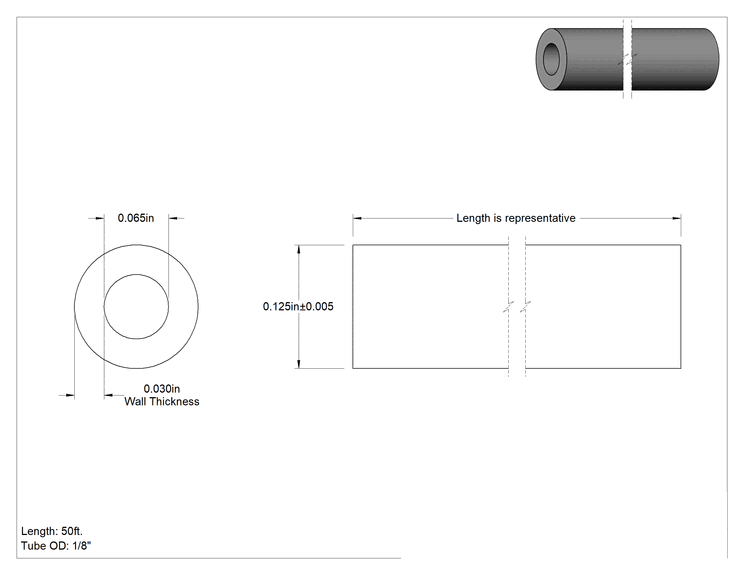 Teknik Çizim - Temizlenmiş ve Kapaklı Bakır Boru, 1/8" Dış Çap, 0.03" Duvar Kalınlığı, 50 Fit Uzunluk