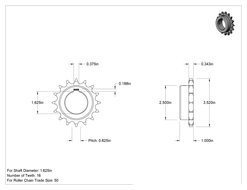 Teknik Çizim - Çelik Tek Sıralı Dişli, ANSI 50 Makaralı Zincir ve 1-5/8" Mil Çapı için, 16 Diş