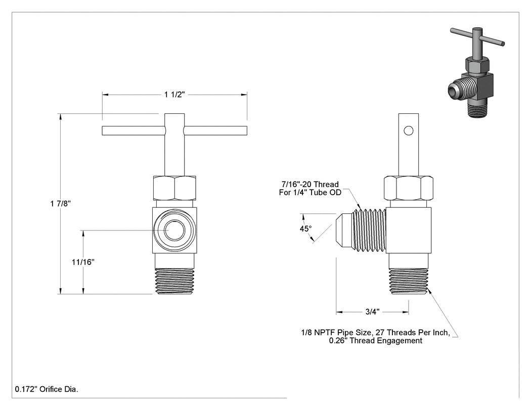 Teknik Çizim - Hassas Akış Ayar Valfi, 1/8 NPTF Erkek, 1/4" Dış Çaplı Boru için 45 Derece Flare Erkek