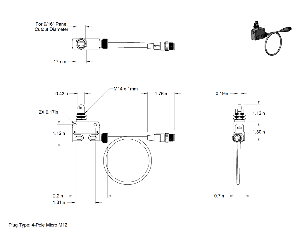 Teknik Çizim - Kapalı Ani Hareketli Anahtar, 9/16" Panel Kesiti için Makara Piston, 0.1A @30V DC