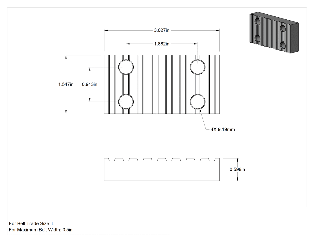 Teknik Çizim - Anma Ölçüsü L Triger Kayışı için 3.02" Uzunluk x, 1.54" Genişlik Uç Plakası