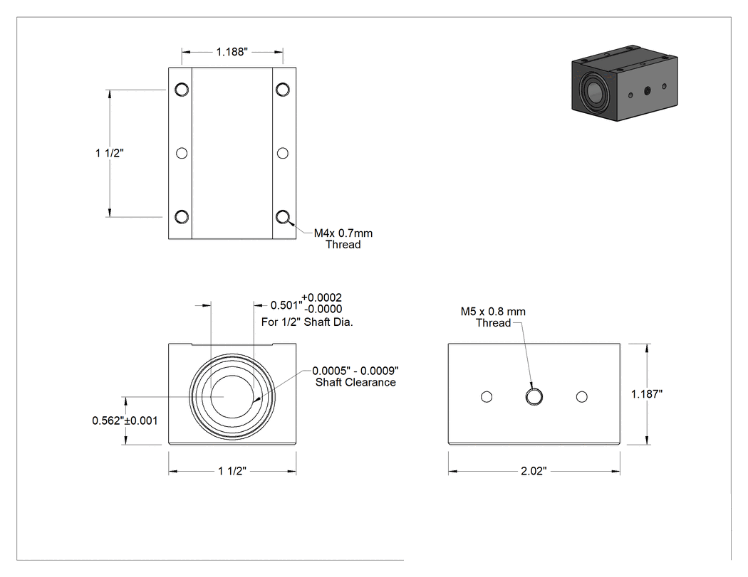 Teknik Çizim - Sürtünmesiz Hareketli Hava Lineer Rulmanı, Muhafazalı, 1/2" Mil Çapı için