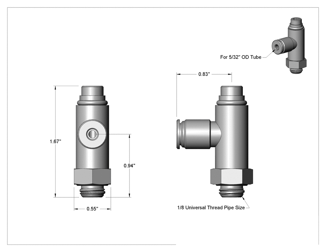 Teknik Çizim - Yüksek Basınçlı Hava Akış Kontrol Vanası, Vida Ayarlı, Dirsek, 1/8 Erkek Boru Girişi x 5/32" Çıkış Tüpü Dış Çapı