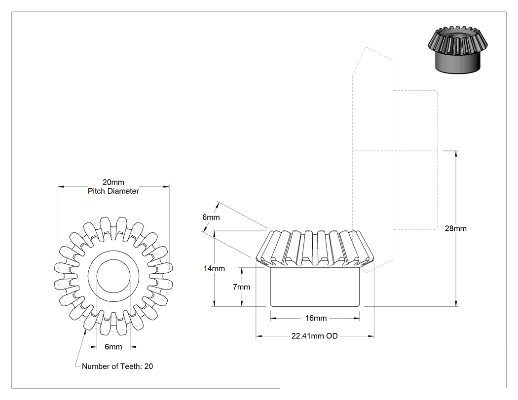Teknik Çizim - Metal Eğimli Pinyon, 6 mm Genişlik Yüzü, 1 Modül, 2:1