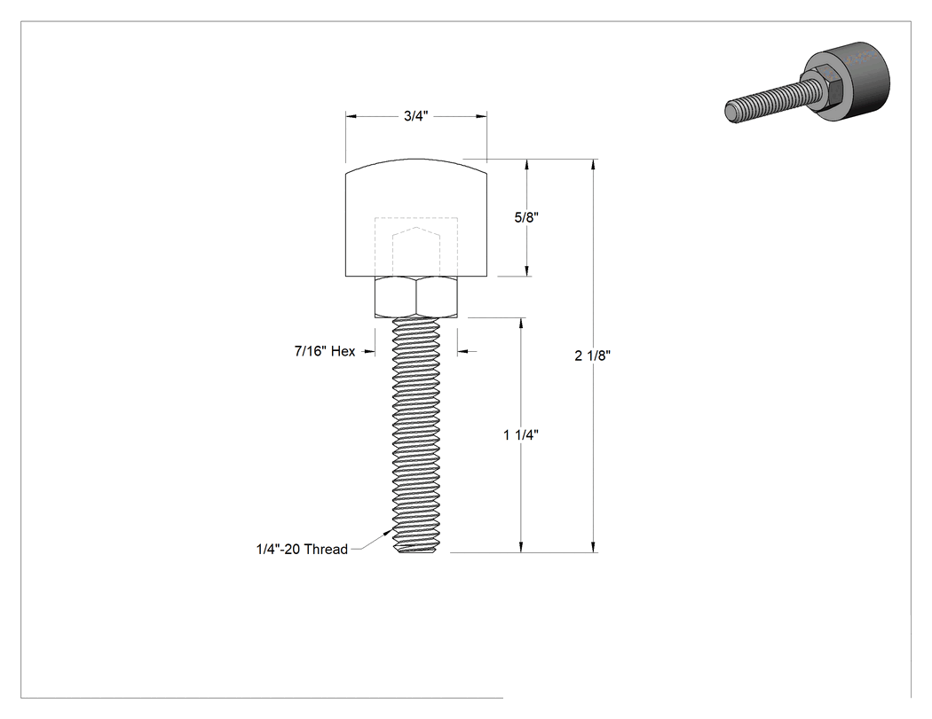 Teknik Çizim - Poliüretan Kauçuk Dişli Tampon, Güçlendirilmiş, Çelik Çekirdek, 1-1/4" Uzunluk 1/4"-20 Saplama, Durometre 40A