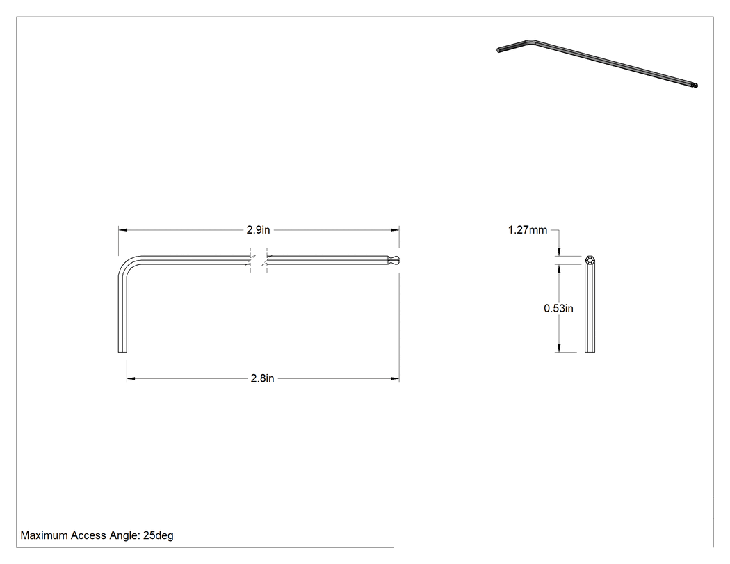 Teknik Çizim - Vida Tutucu Açılı Tahrikli Top Uçlu L Anahtarı, 1.27 mm Altıgen Tahrik Boyutu, 2-7/8" Toplam Uzunluk