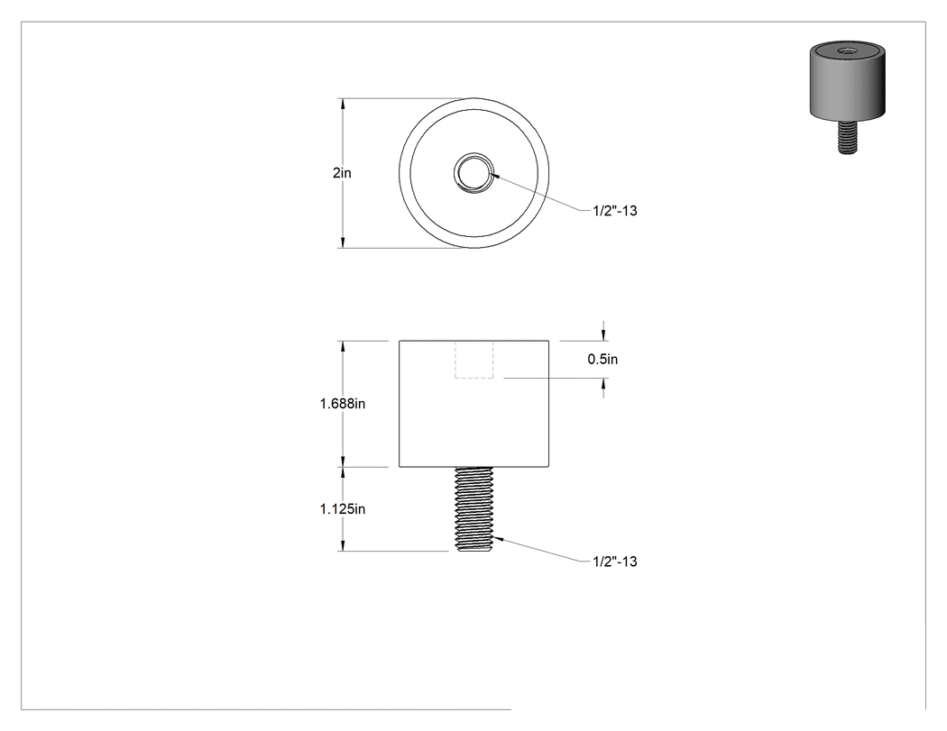 Teknik Çizim - Neopren Titreşim Sönümleyici Sandviç Montaj, 1/2"-13 Çelik Saplama ve Ek Parçalı, 410 lbs. Kapasite, 1-11/16" Yükseklik