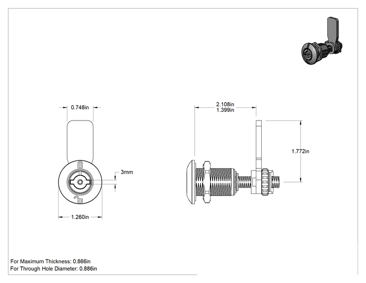 Teknik Çizim - Yüksek Basınçlı Yıkama Sıkı Tutuşlu Kam Kilidi, Ayarlanabilir Kilitleme, Krom Kaplı Çinko, 27/32" Maksimum Kalınlık, 3 mm Anahtar