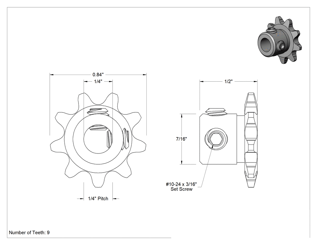 Teknik Çizim - Çelik Tek Sıralı Dişli, ANSI 25 Makaralı Zincir ve 1/4" Mil Çapı için, 9 Diş