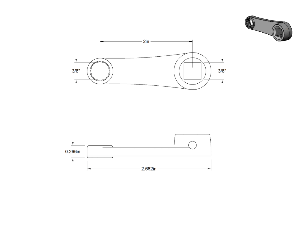 Teknik Çizim - Kutu Ucu Anahtar Başlığı, 3/8" Kare Tahrik, 3/8" Tahrik Boyutu
