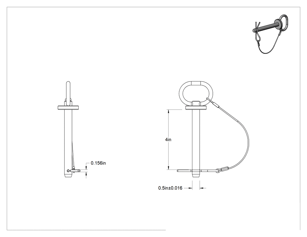 Teknik Çizim - Turuncu Saplı Bağlı Döngü Tutamaklı Çatal Pim, Çinko Kaplamalı 1144 Karbon Çelik, 1/2" Çap, 4" Kullanılabilir Uzunluk