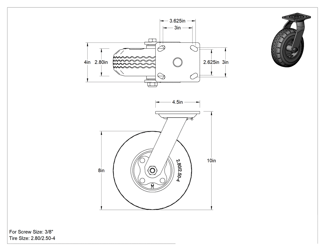 Teknik Çizim - 4-1/2" x 4" Plakalı Tekerlek, Döner, 8" Çaplı Siyah Kauçuk Pnömatik Tekerlekli