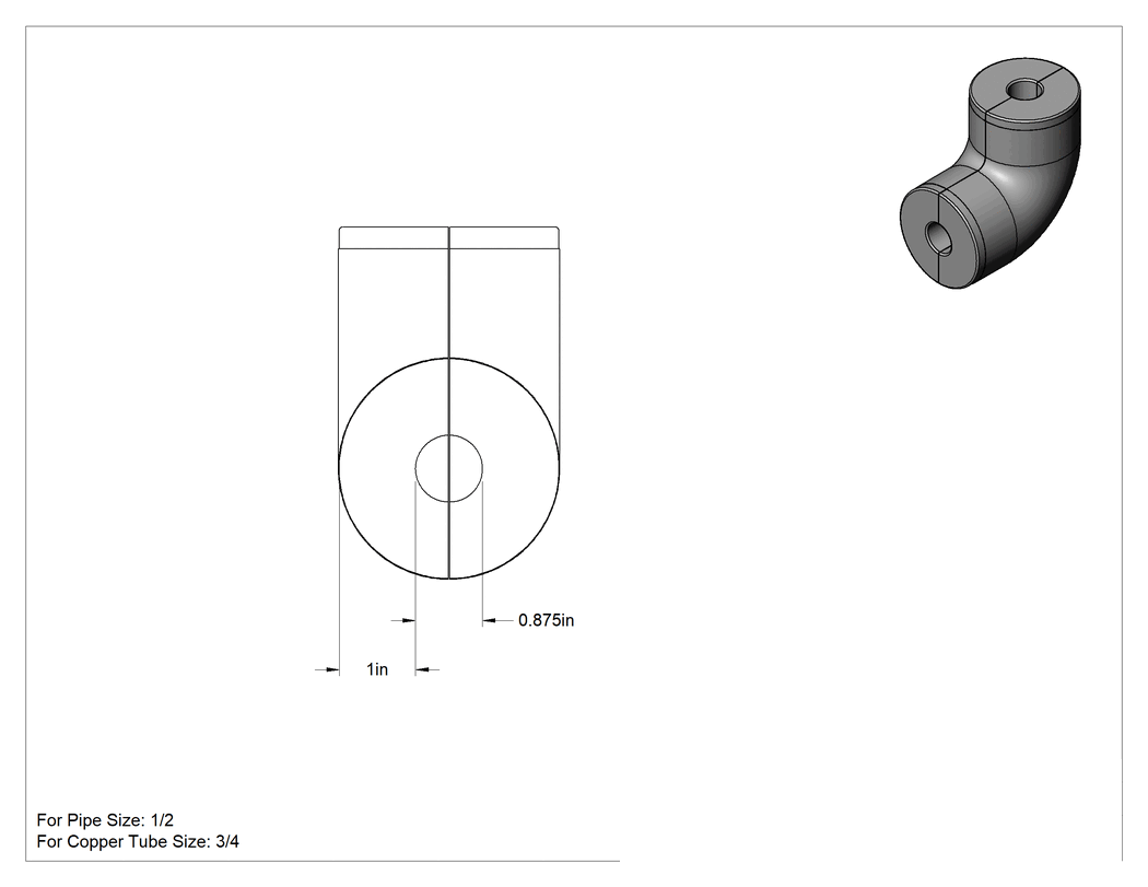 Teknik Çizim - Buhara Dayanıklı Yüksek Sıcaklık Fiberglas Yalıtım, PVC Kılıflı, Dirsek, 1" Kalınlığında Duvar, 7/8" İç Çap