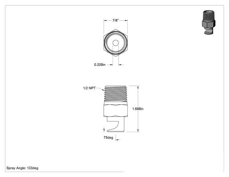 Teknik Çizim - Ekstra Geniş Sapmalı Düz Püskürtme Memesi, Pirinç, 1/2 NPT Erkek, 5.7 gpm 20 PSI'da