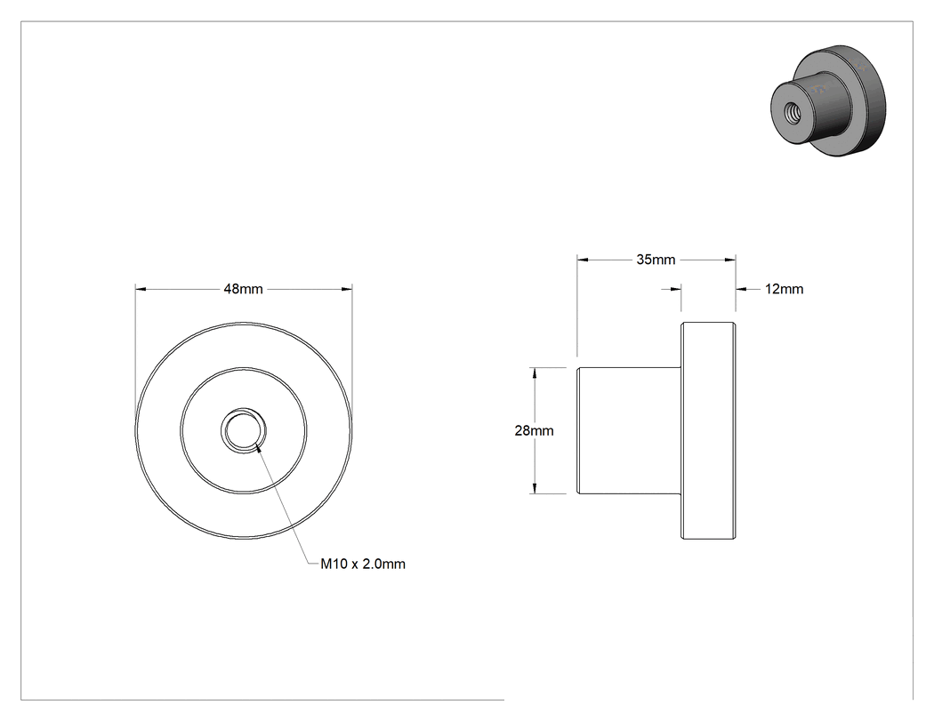 Teknik Çizim - Sağ Yönlü Acme Flanşlı Somun, M10 x 2 mm Diş Boyutu