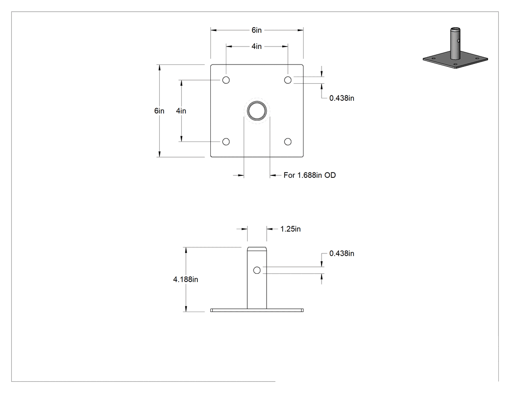 Teknik Çizim - 6" Uzunluk x 6" Genişlik İskele için Taban Plakası