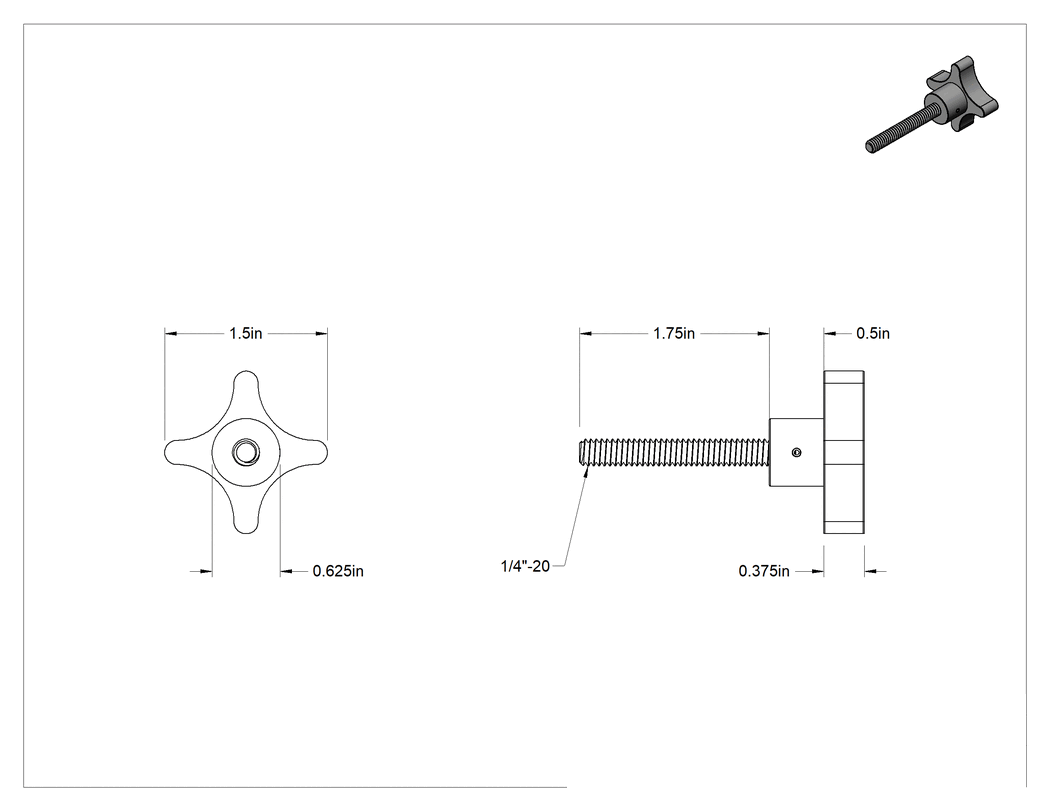 Teknik Çizim - Sol Dişli Saplama Düğmesi, Alüminyum, Dört Kollu, 1/4"-20 Diş