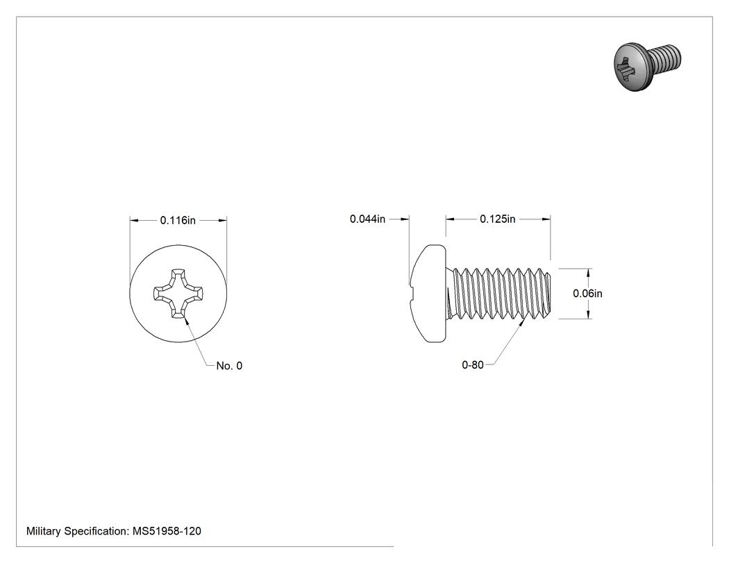 Teknik Çizim - Mil. Spec. Phillips Yuvarlak Başlı Vidalar, 18-8 Paslanmaz Çelik, 0-80 Diş Boyutu, 1/8" Uzunluk