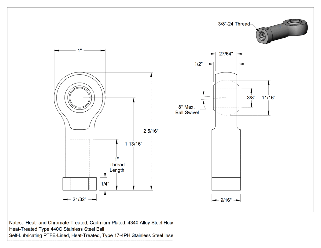Teknik Çizim - Mil. Spec. Küresel Mafsal Çubuk Ucu, 3/8"-24 İç Diş, Sağ Yönlü