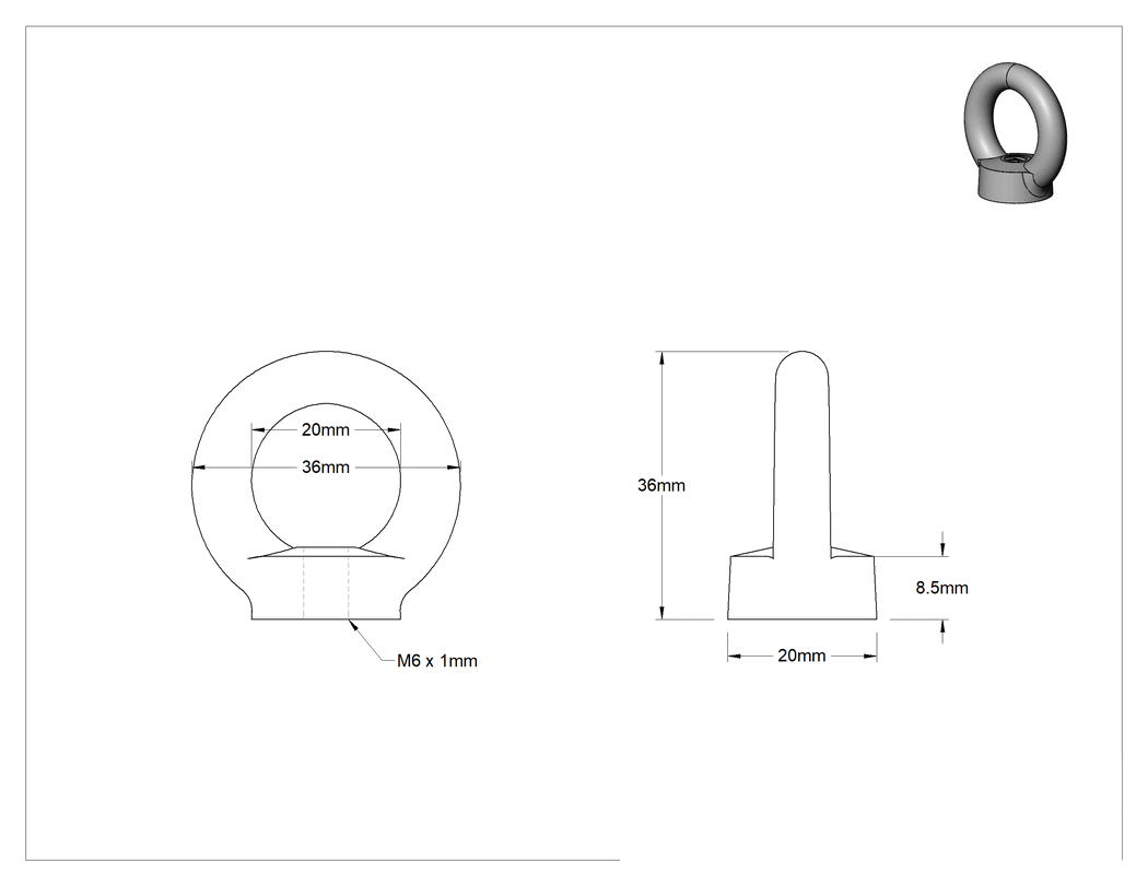 Teknik Çizim - 304 Paslanmaz Çelik Yuvarlak Halkalı Somun - Kaldırma için, M6 x 1 mm Diş Boyutu