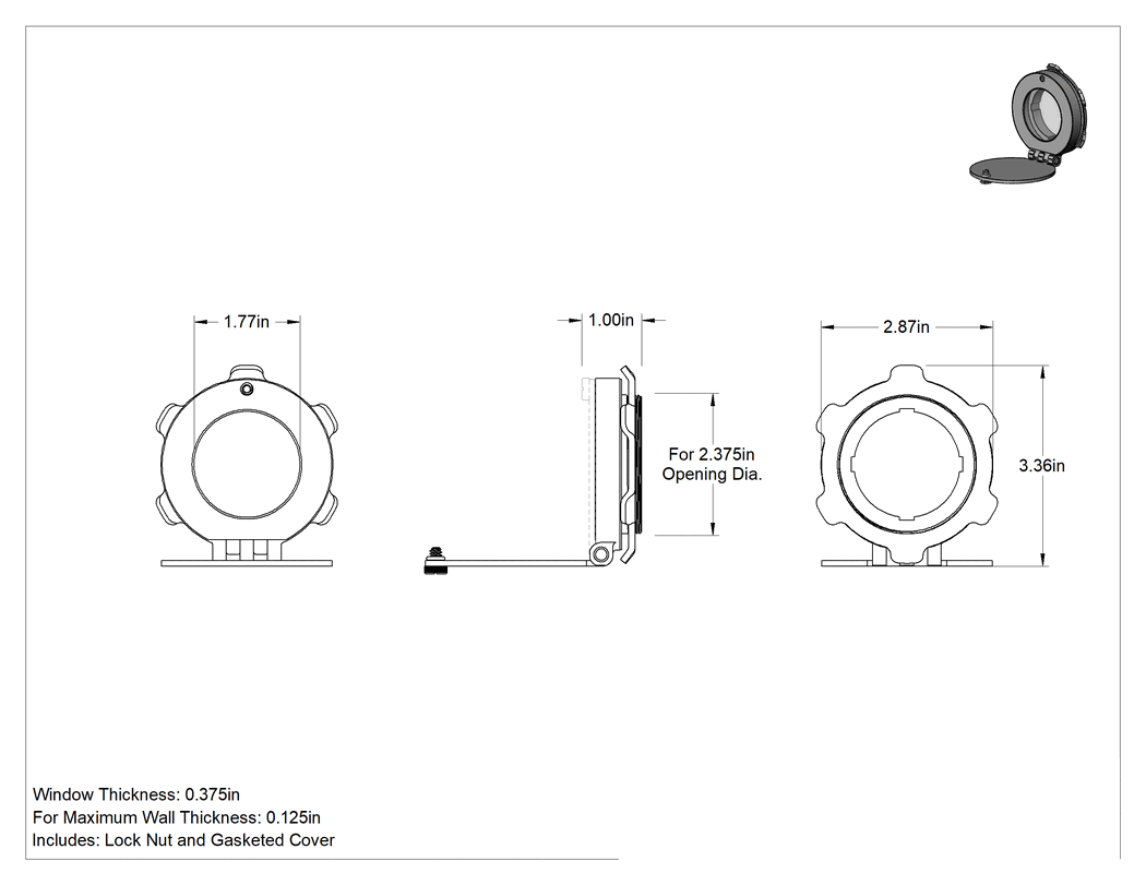 Teknik Çizim - Muhafazalar için Termal İnceleme Penceresi, 316 Paslanmaz Çelik Çerçeveli, 3-3/8" Yükseklik x 2-7/8" Toplam Genişlik