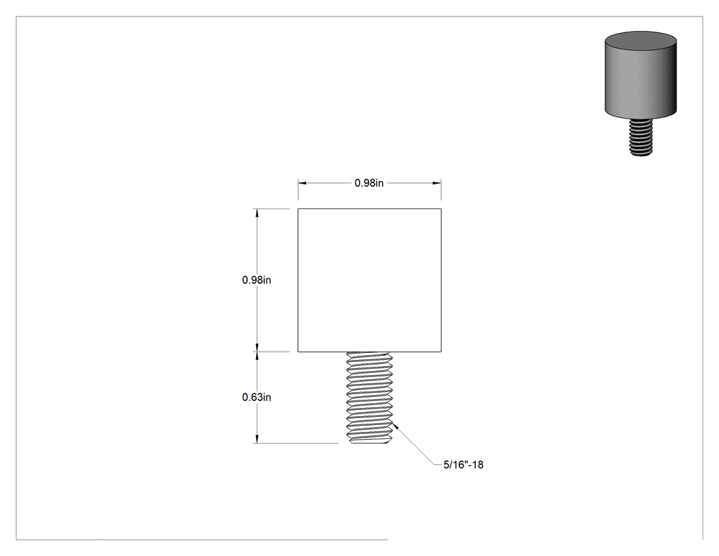Teknik Çizim - Yük Kapasiteli Takviyeli Doğal Kauçuk Tampon, Çelik Taban Plakası ve 5/16"-18 Saplamalı, 1" Dış Çap, Durometre 70A