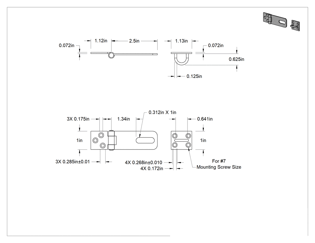 Teknik Çizim - Asma Kilitli Mandal, 2-1/2" x 1" x 1/16" kollu, 304 Paslanmaz Çelik