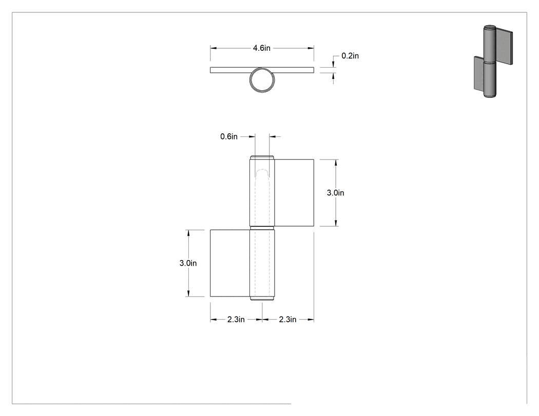 Teknik Çizim - Delikli Olmayan Kaldırma Menteşesi, 303 Paslanmaz Çelik, Sağ Montaj, 2-15/16" x 2-1/4" Kapı Kanadı